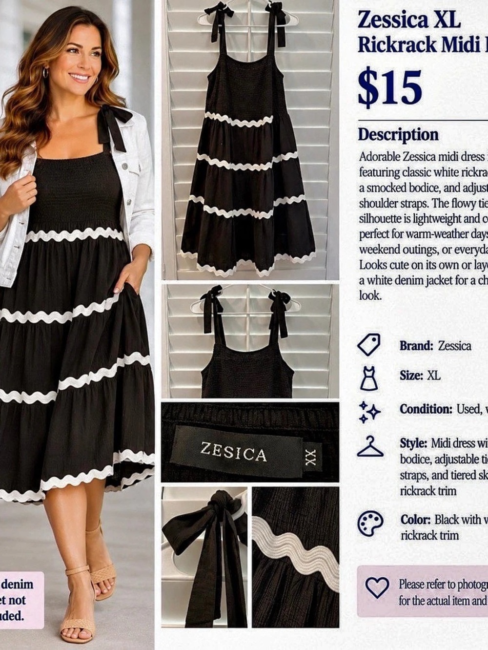 Zesica Rickrack Midi Dress Black & White Size XL